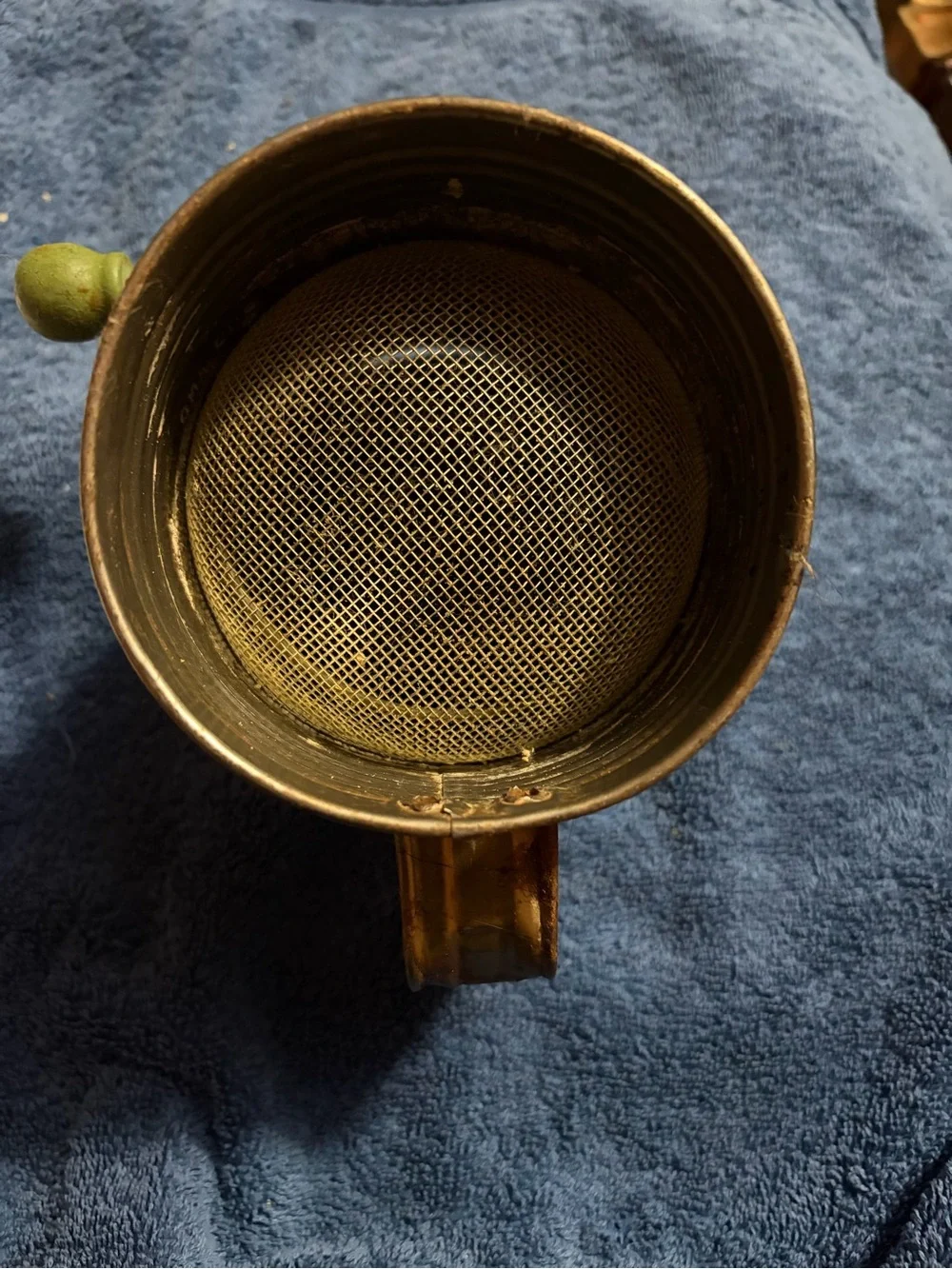 Bromwell's Vintage Metal Flour Sifter with Green Wooden Handle